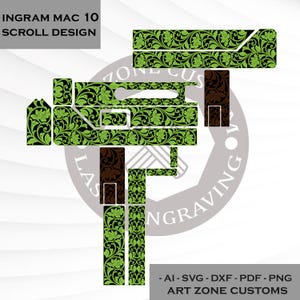 May include: A digital graphic design file for an Ingram Mac 10 featuring a detailed scroll pattern in bright green and dark brown. The image includes text labels reading Ingram Mac 10 Scroll Design and Art Zone Customs with file formats listed.