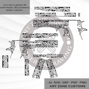 May include: Black and white scroll design for a Colt MK IV Series 70 GVNT Model 45 automatic. The design is composed of various gun parts with intricate floral patterns. The image includes the text "COLT MK IV SERIES 70 GVNT MODEL 45 AUTOMATIC SCROLL DESIGN" and "ART ZONE CUSTOMS".