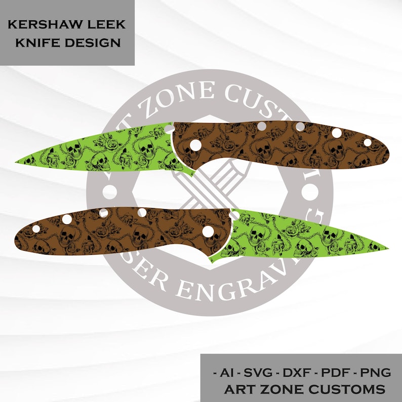 May include: A digital graphic design for a Kershaw Leek knife featuring a repeating pattern of skulls and roses. The design displays two knife orientations with a lime green blade and brown handle, or a brown blade and lime green handle.