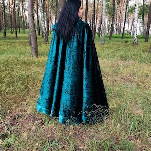 Velvet cape green hooded cloak, medieval elven fantasy costume cape with hood