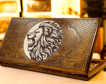 Wooden Backgammon Set Lion / Personalized Armenian Wooden Nardi Handmade / All Sizes / Best Personalized Christmas Gift for Him