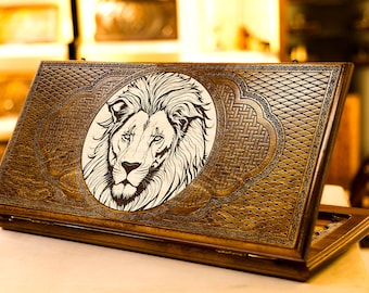 Backgammon Set Lion / Personalized Armenian Wooden Nardi Handmade / All Sizes / Full Set / Best Personalized Christmas Gift for Him