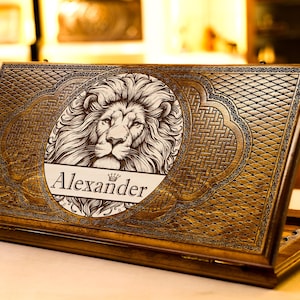 Wooden Backgammon Set Lion / Personalized Wood Board Game as Gift for Men / All Sizes / Full Set / Best Personalized Christmas Gift for Him