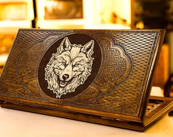 Backgammon Set Wolf, Personalized Armenian Wooden Handmade Nardi, All Sizes, Full Set, Best Christmas Gift