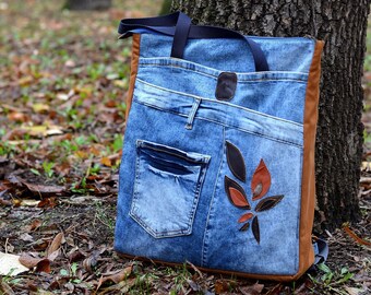 Denim tote, Recycled Jeans Bag, Convertible Backpack Purse, Stylish Shoulder Bag,  Outdoor Rucksack