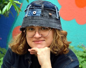 Handmade Recycled Denim Patchwork Bucket Hat: Festival Streetwear