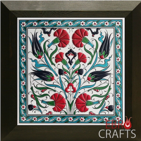 Turkish Iznik Carnation & Daisy Pattern Ceramic Tile 20cm x 20cm 8"x8" 