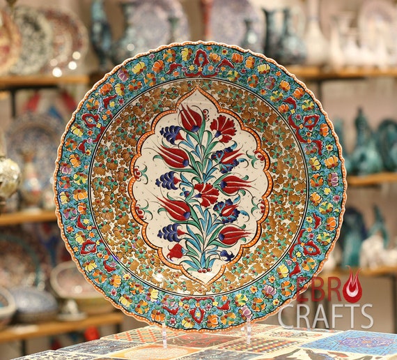 16'' Turkish Iznik Ceramic Plate Tezhip With Tulip - Etsy