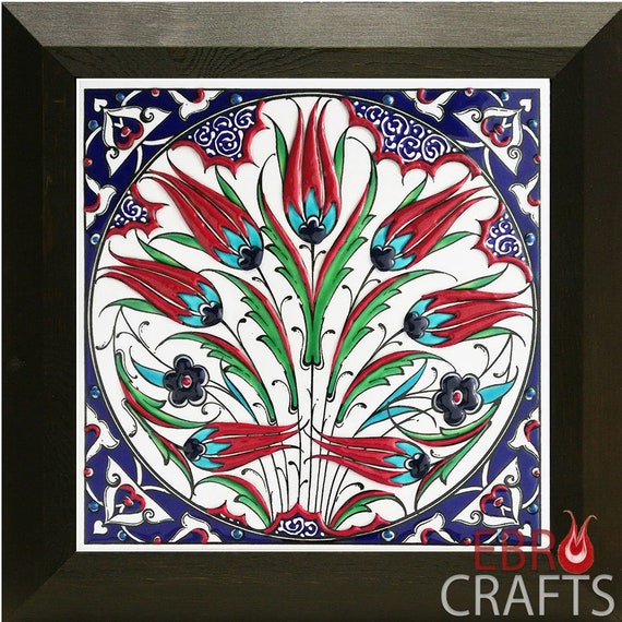 Set of 4 Ottoman Iznik Carnation & Tulip Pattern 8"X8" Turkish Ceramic Tiles 