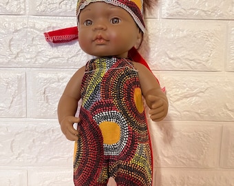 Miniland 32cm Or Kindred Folk Overalls and Headband Aboriginal print fabric