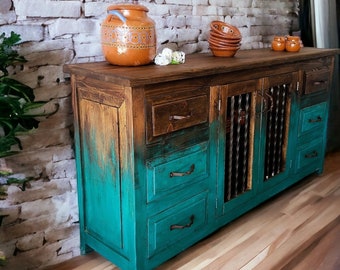 From our exclusive Ombrê collection "Cazuelas" Buffet cabinet, rustic credenza, truly unique and eye-catching piece of furniture.
