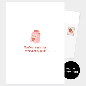 Zoet als aardbeienmelk digitale afdrukbare kaart | kawaii schattig drankje, galentine's, valentijnskaart, Aziatische voedselkaart, Aziatische woordspeling, punny Food-kaart
