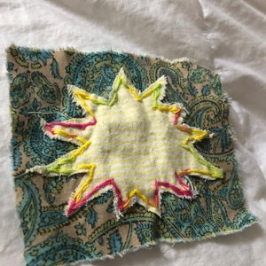Può includere: Una stella gialla con cuciture rosa e verdi su uno sfondo di tessuto paisley blu e marrone.