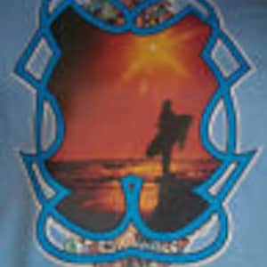 May include: A blue t-shirt with a graphic of a surfer silhouetted against a sunset on the beach. The graphic is surrounded by a blue border with a wave design.