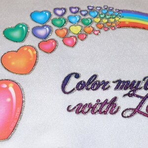 Vintage &quot; COLOR My WORLD With LOVE &quot; Iron-On Transfer Hearts Color and Glitter