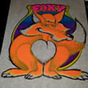 May include: A vintage psychedelic poster featuring an orange fox with a heart shape in the center. The fox is surrounded by a rainbow-colored circle with the word "Foxy" in a purple font.