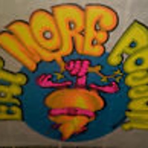 May include: A yellow and blue graphic design with the words "More Power" in a stylized font. The design features a cartoon-like figure with a hand reaching up towards a globe.