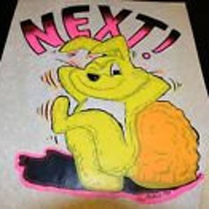 May include: A yellow cartoon character with a large orange tail, wearing a pink hat, with the word "NEXT!" in black and pink letters above it.