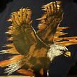May include: A brown and gold eagle sculpture with its wings spread wide. The eagle is perched on a base and has a detailed, realistic appearance.