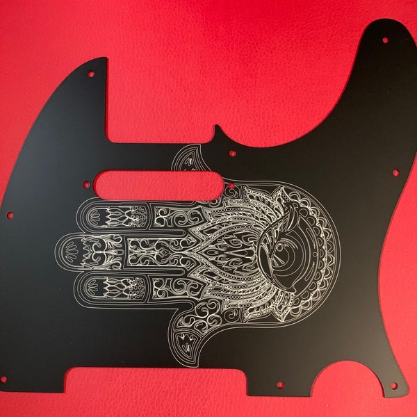 Hamsa Hand laser engraved black aluminum Telecaster 8-Hole Pickguard