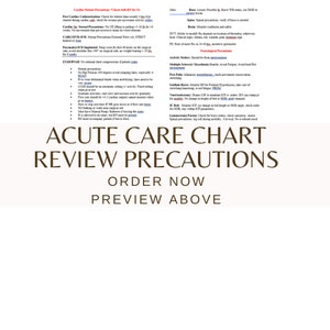 May include: A medical chart with the title "ACUTE CARE CHART REVIEW PRECAUTIONS" in large, bold text. The chart includes lists of precautions and instructions, with the words "ORDER NOW" and "PREVIEW ABOVE" below the title.
