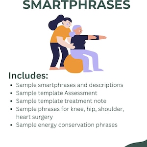 May include: An illustration of an occupational therapist assisting a patient with exercises using a stability ball. The text "OT ACUTE CARE SMARTPHRASES" is at the top of the image. The text "Includes:" is followed by a list of bullet points describing the contents of the resource.