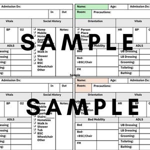 May include: Four patient assessment forms with fields for patient information, vital signs, and mobility details. The word "SAMPLE" is printed across each form in large, bold letters. The forms are designed for medical or healthcare use.