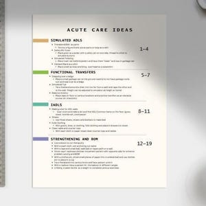 Könnte beinhalten: Ein weißes Papier mit dem Titel "ACUTE CARE IDEAS" mit Anweisungslisten. Ein Metalllineal befindet sich auf der linken Seite. Ein Stift, eine kleine Schale und eine Tasse Kaffee befinden sich auf der rechten Seite. Das Papier hat farbige Balken und Zahlen.