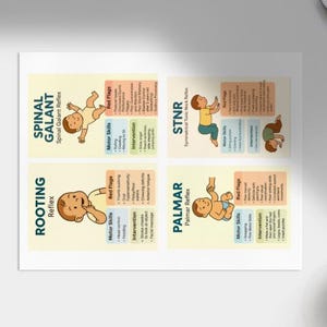 Può includere: Una stampa bianca con quattro illustrazioni dei riflessi infantili: Spinal Galant, Rooting, STNR e Palmar. Ogni illustrazione include un bambino, bandiere rosse, capacità motorie e informazioni sull'intervento.