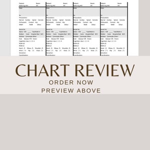 May include: A chart review form with the title "Chart Review" and the text "Order Now" and "Preview Above". The form has columns for patient information, referring doctor, room, and precautions.