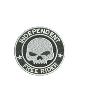 May include: Black and white embroidered patch with a skull and the text "Independent Free Rider" in a circle.