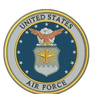 May include: A circular embroidered patch featuring the United States Air Force emblem. The design includes a central shield with a gold lightning bolt, a bald eagle above, and thirteen white stars on a blue field, bordered by gold and grey rings.