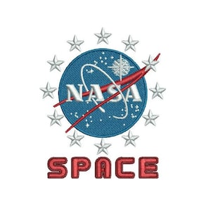 May include: A blue and red NASA logo with a circle of white stars around it. The text "SPACE" is below the logo in red.