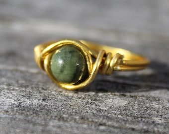 Green Jade Copper Wire Wrapped Ring - Handmade Natural Stone