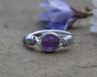 Amethyst Wire Wrapped Ring- beautiful, handmade, natural stone ring