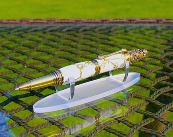 Handmade White & Gold Marble Roller Ball Pen