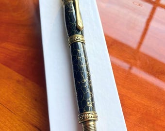 Black Gold Victorian Fountain Pen | True Stone Marble | Luxury Pen | Book Lover Gift | Metal Pen