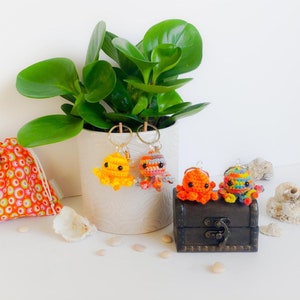 Op de afbeelding: Drie gebreide octopus sleutelhangers in oranje, geel en regenboogkleuren. De sleutelhangers hangen aan een plant in een pot en een houten doos. De doos heeft een metalen sluiting en is versierd met een nautisch thema.