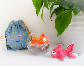 POTPOURRI Heartling GOLDFISH on a Crochet PEBBLE in a glass Fishbowl