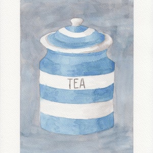 May include: A blue and white striped ceramic tea jar with a lid. The jar has the word "TEA" written on it.