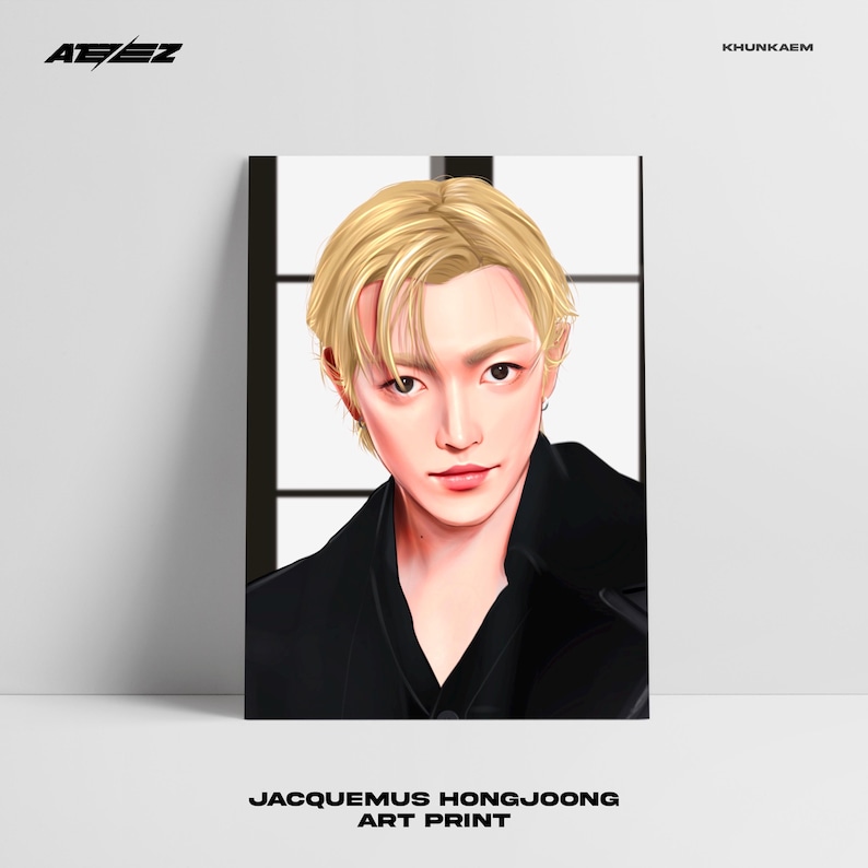 May include: A digital art print featuring a portrait of a man with blonde hair, wearing a black jacket. The text "JACQUEMUS HONGJOONG ART PRINT" is below the image.