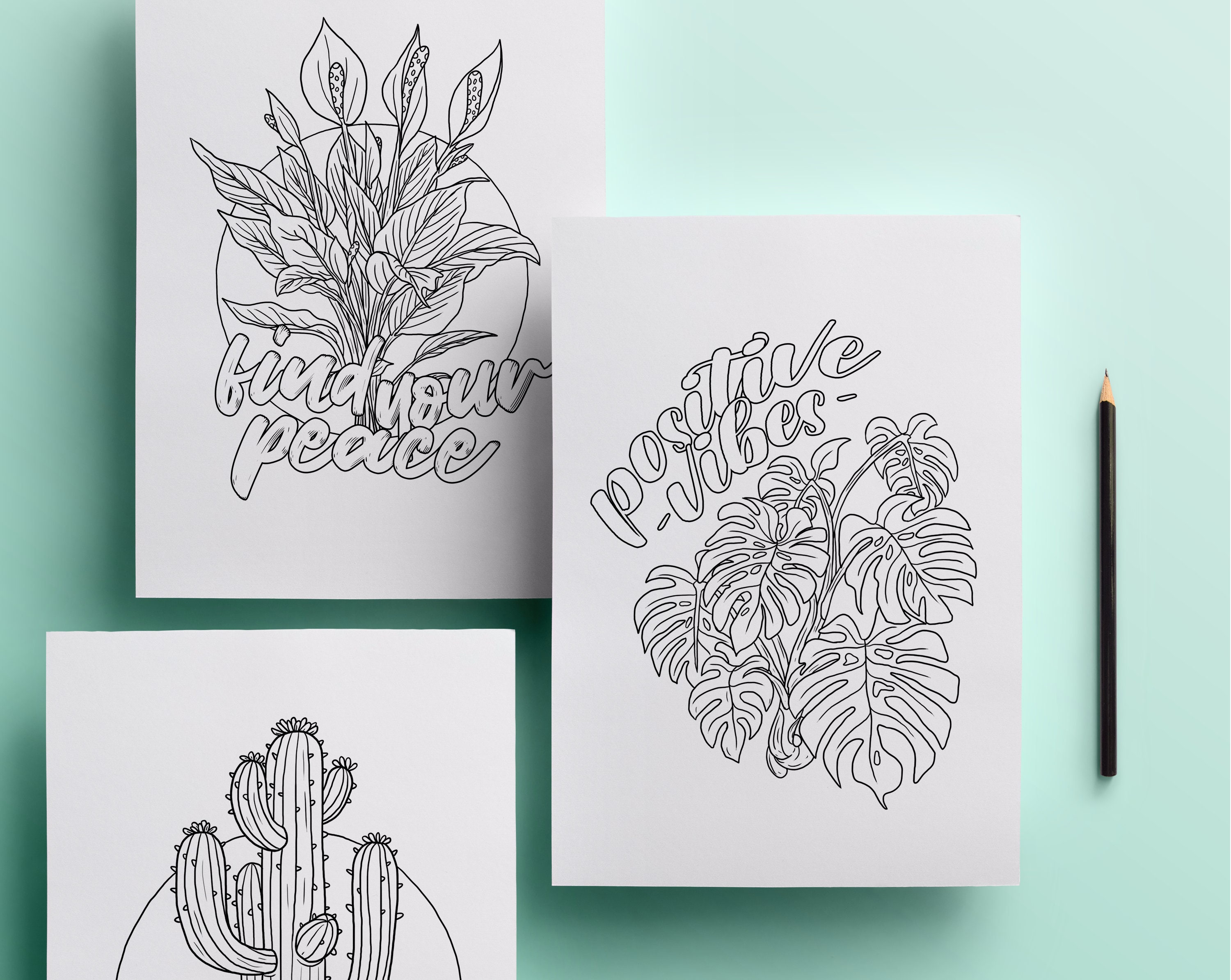 Adult Coloring Pages, Indoor Plants Colouring Book, Inspirational Quotes, Colouring Book PDF, Coloring Pages for Adults