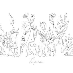 May include: Line art drawing of several figures standing in a field of flowers. The drawing is in black and white and the text "la femme" is at the bottom of the image.