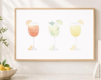 Cocktail Trio Print Set, Aperol Margarita Limoncello Hugo, Coastal Bar Cart Decor (11x17 or 5x7)
