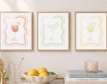 Cocktail Art Prints, Watercolor Aperol Spritz, Margarita, Limoncello, Kitchen Decor