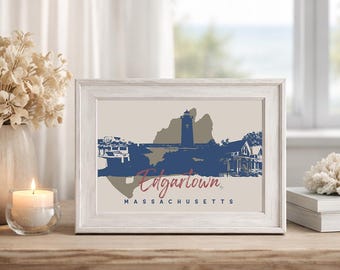 Edgartown MA Print | Coastal Lighthouse Harbor Art | Nautical New England Décor