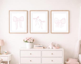 Pink Watercolor Bow Prints – Office, Nursery, Girl’s Room Wall Art (Set of 3)