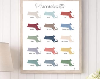 Massachusetts Color Palette Art Print – State Silhouette Map Wall Art