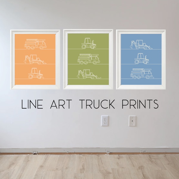 Line Art Truck Prints for Children's Room - Set of 3 or Single Print, Toy Room, Boy's Room Art