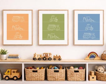 Line Art Truck Prints – Construction Tractor, Bulldozer, Firetruck – Kids Room Wall Art